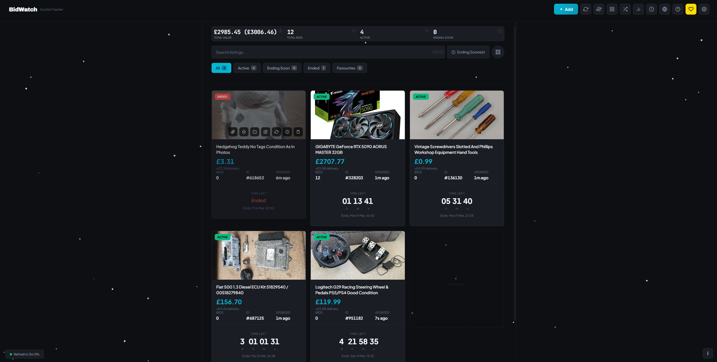 BidWatch main dashboard showing tracked eBay auctions